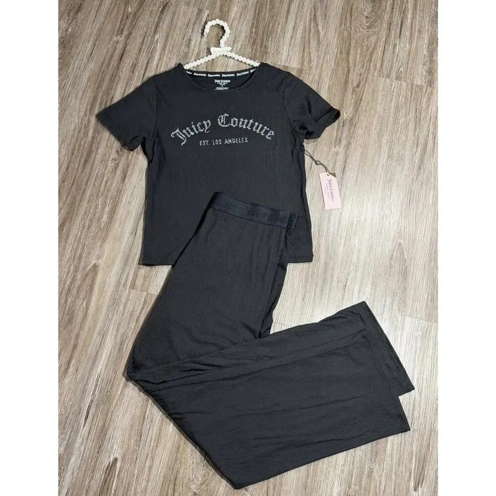Juicy Couture NWT 2PC Short Sleeve Top & Long Pants Pajama Set, BLACK - MEDIUM